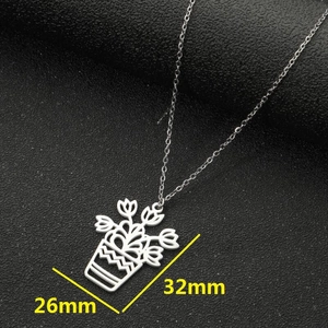 Collier minimaliste en acier inoxydable argenté avec pendentif fleur en pot pour femme