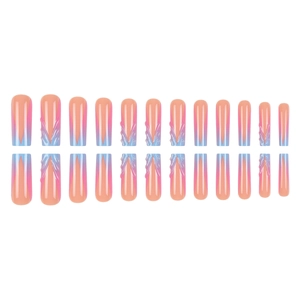 3D French gradient coffin press-on nails with blue-purple marble flame textured relief