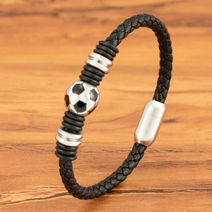 Braided black leather soccer bracelet with silver stainless steel football bead and clasp