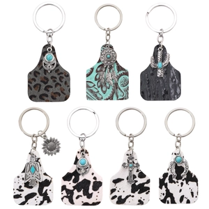 Western Retro Cow Print Leather Keychain Bohemian Vintage Cross Cactus Horseshoe Charms For Women Bag Hanging Decor