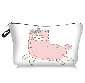 Close-up of portable toiletry bag with pink llama print and black zipper detail