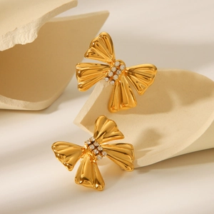 Bowknot Stud Earrings 18K Gold Plated Stainless Steel Rhinestone Elegant INS Style Jewelry Accessories For Women
