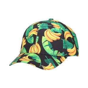Fashionable black baseball cap with yellow banana and green palm leaf print patterns