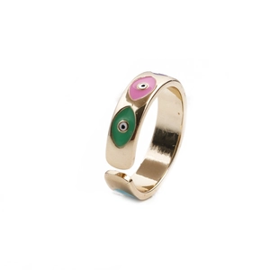 Adjustable gold plated evil eye ring with colorful enamel inlay on white background