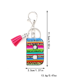 Rainbow and leopard print letter B keychain with pink tassel and precise measurements