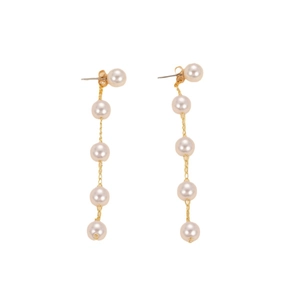 Elegant long gold chain drop earrings featuring five white pearls on a white background