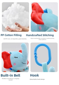 Detail of elephant plush toy with soft PP cotton filling, built-in bell, and detachable hook