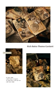 Detailed view of vintage scrapbook paper with botanical and mystical theme patterns