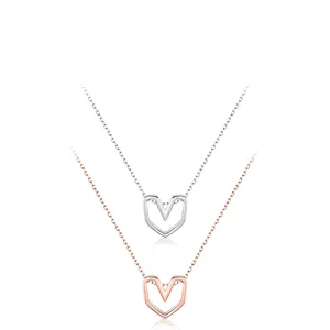 Minimalist S925 sterling silver V-shaped heart pendant necklace in silver and rose gold