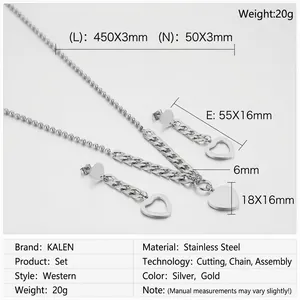 Detailed size specifications for minimalist stainless steel heart necklace and earrings set