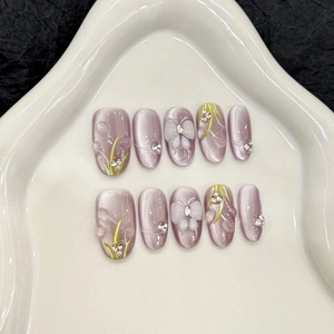 Purple Cat Eye Press On Nails With 3D Flower Butterfly Handmade Elegant Sweet Rhinestone Manicure For Women