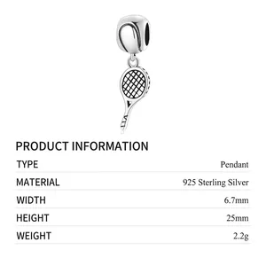 Polished S925 sterling silver tennis racket charm pendant with detailed dimensions