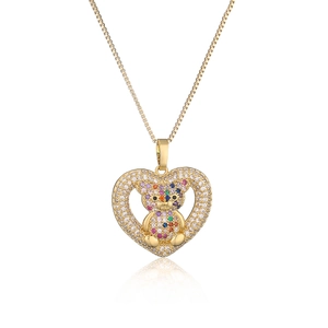 18K gold plated necklace with zircon heart and colorful bear pendant on white background