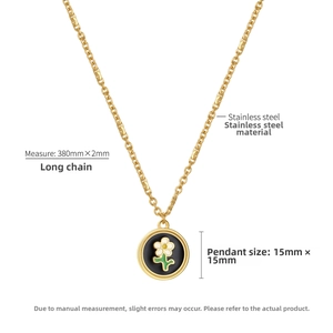 Macro detail of French daisy pendant necklace showing stainless steel specs and 15mm size
