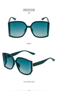 Detail view of large green frame sunglasses with gradient blue lenses from two angles