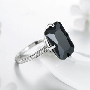 Luxurious S925 silver ring featuring a large rectangular black emerald-cut gemstone