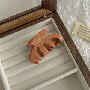 Detailed view of amber orange resin hair claw clip with golden text in a jewelry box