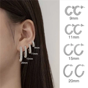Detail view of four sizes of silver zircon hoop earrings from 9mm to 20mm with model shots
