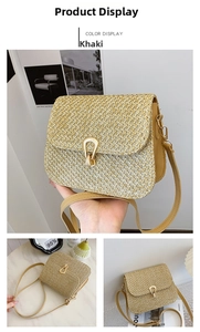 Detailed close-up of khaki woven straw texture and premium golden metal lock on square bag