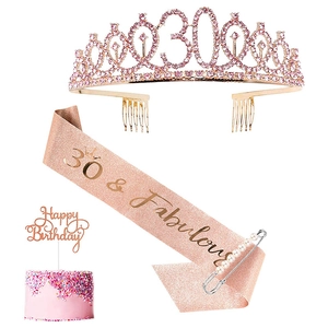 Detail of 30th birthday set including pink rhinestone crown and rose gold glitter sash