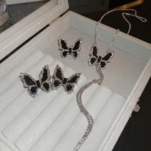 Butterfly Alloy Rhinestone Tassel Necklace Silver Earring Post Ring Elegant Black Vintage Accessories For Women