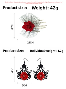 Detailed size view of Halloween gothic rose skull hand hairclip and lace earrings