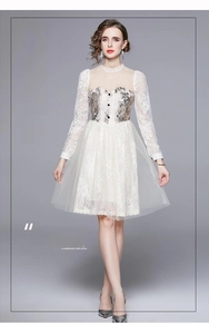 Detail of white lace stitching and sequin embroidery on this French retro princess dress