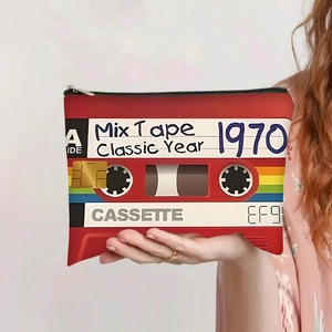 Close-up of a retro mix tape canvas bag with red vintage 1970 aesthetic design
