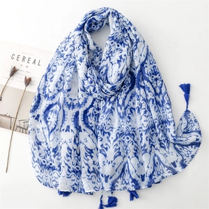 Retro Blue And White Porcelain Floral Print Voile Scarf Women Ethnic Style Lightweight Shawl With Tassels