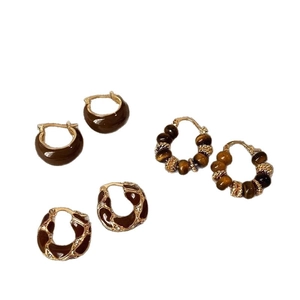 14k gold plated tiger eye stone earrings set featuring retro brown beaded hoops