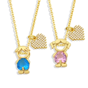 Boy Girl Heart Zircon Pendant Necklace Copper 18K Gold Plated Minimalist Clavicle Chain Jewelry For Couples