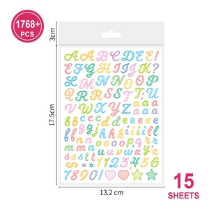 Detailed size specifications for 15 sheets of 1768+ colorful letter and number stickers