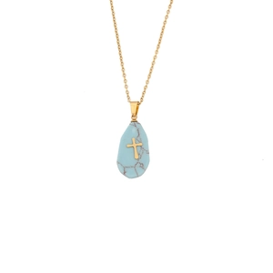 Gold stainless steel necklace with waterdrop turquoise pendant and inlaid golden cross