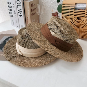 Straw Boater Hat Hollow Out Wide Brim Sun Protection Breathable Flat Top Vacation Beach Casual For Women Men