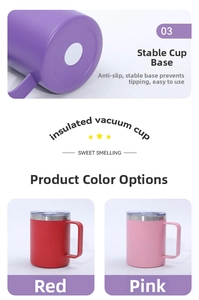 Detail view of colorful 12oz vacuum insulated mugs with sturdy non-slip bottom base