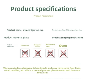 Detailed specifications of Alsace Figurine glass cup showing use care and maintenance info