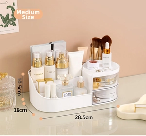 Nahaufnahme des weißen Make-up-Organizers mit Maßen 28,5x16x10,5cm und transparenten Schubladen