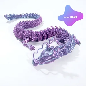 Macro view of 3D printed articulated dragon with fantasy blue gradient scale texture