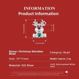 Detailed dimensions of 925 silver Christmas elk charm with red enamel and green gemstone