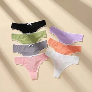 Women Thong Panties Ribbed Knit Breathable Low Waist G-String Underwear With Bow Ribbon Decoration