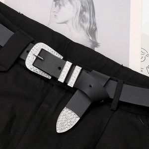 Y2K style black leather belt for women featuring sparkling rhinestones on silver hardware