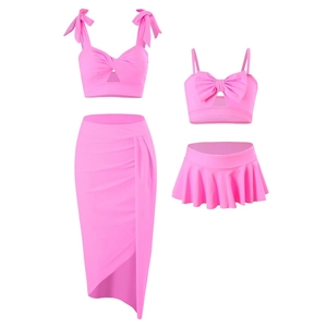 Close-up of matching mother and daughter pink bikini sets with bow straps and side slits
