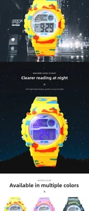 Detail showing colorful LED backlight and digital display on camouflage sports watch