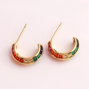 Chic C-shaped gold hoop earrings featuring multi-color rainbow square zircon stones