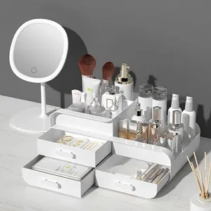 White multi-tier desktop cosmetic organizer with drawers and top storage compartments