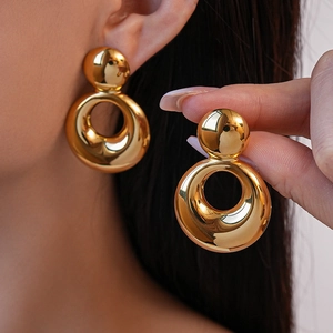 Boucles D'oreilles Pendantes Rondes Géométriques Creuses En Acier Inoxydable Plaqué Or 18K Modernes Bicolores