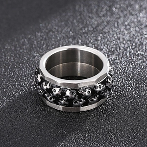 Macro shot of punk style stainless steel ring with 3D skull relief in silver and black