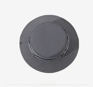 Top view of dark grey outdoor bucket hat with wide brim and reinforced stitching