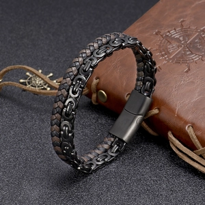 Men's Double Layer Bracelet Stainless Steel Byzantine Chain Woven Leather Hip Hop Punk Jewelry With Magnetic Clasp