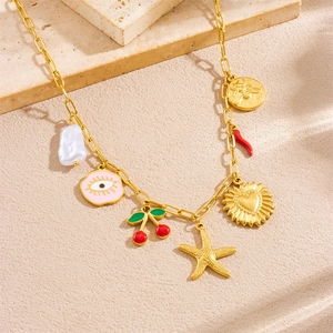 Gold-plated stainless steel necklace with colorful charms like starfish and cherry